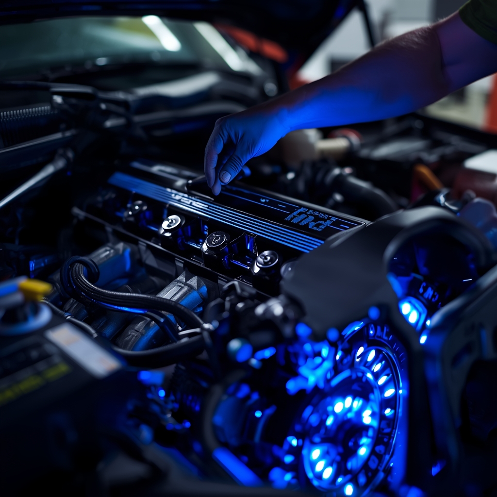 close up shot of a mechanic tuning a high performance engine with glowing blue led lights, cinematic details